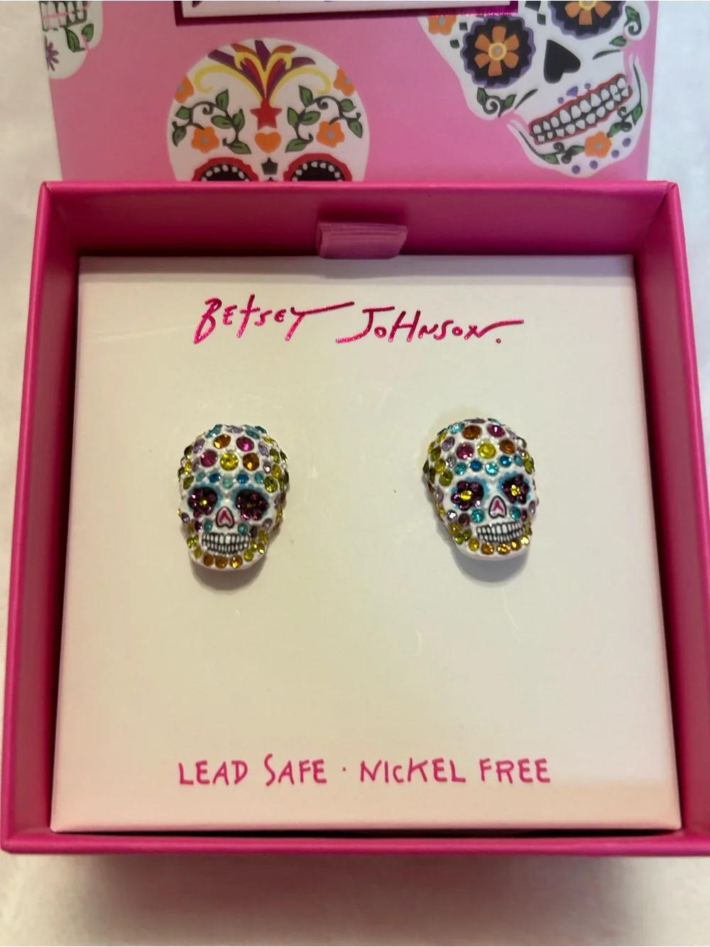 Betsey Johnson White Sugar Skull Crystal Stud Earrings NWT